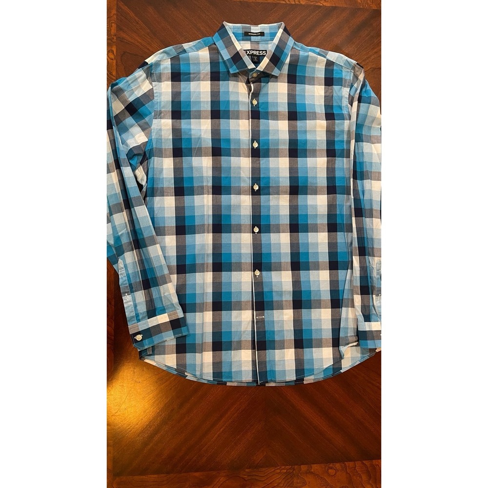 Express Men's modern fit Button‎ front blue plaid Shirt 100% cotton Size x-large